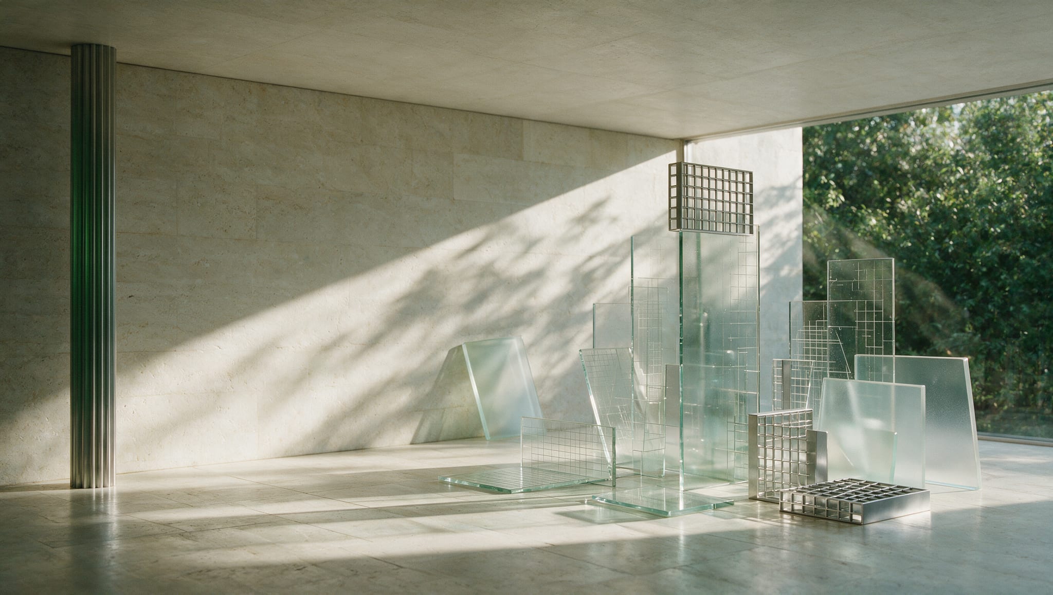 Intérieur d’un studio en pierre calcaire où des plaques de verre gravées de grilles sont posées comme des objets, éclairées par une lumière rasante.